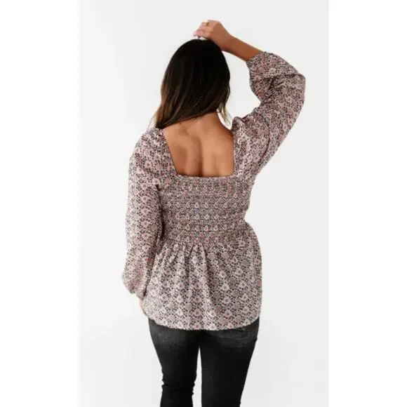 Hayden Smocked Puff Sleeve Floral Print Square Neck Peplum Blouse Women Sz S - Picture 5 of 9